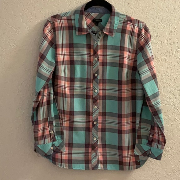 Talbots Plaid Blouse - Pink/Aqua/Cherry Black - Women’s Size LP 100% Cotton - Picture 1 of 7